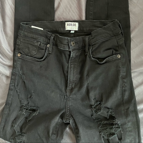 AGOLDE Black Distressed Denim Skinny Jeans - Picture 1 of 4
